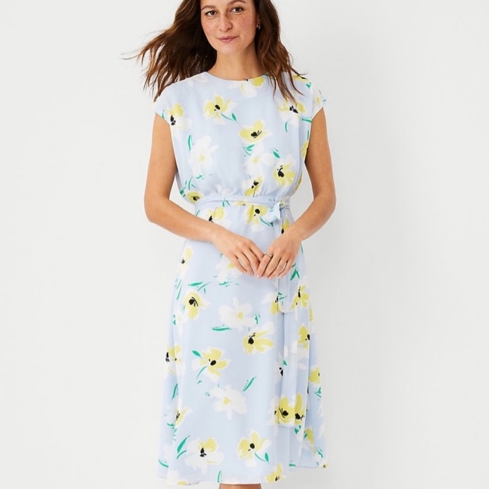 Ann Taylor self-tie waist dress - blue and yellow floral